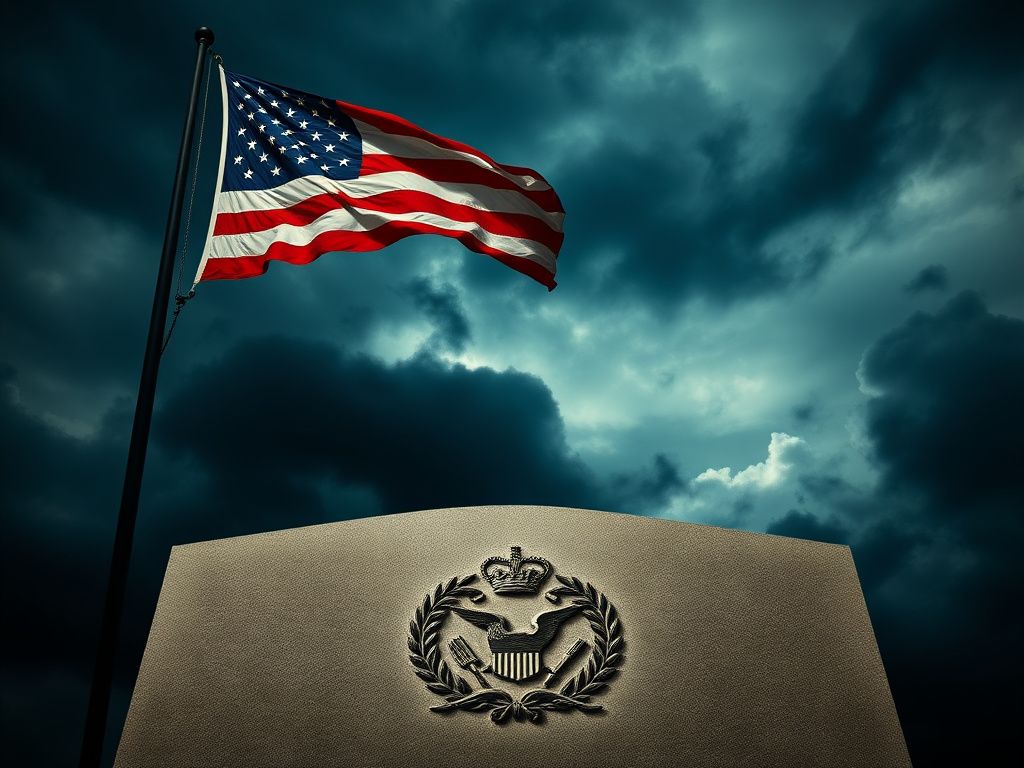 Flick International A weathered American flag fluttering against a stormy sky, symbolizing military and political tension