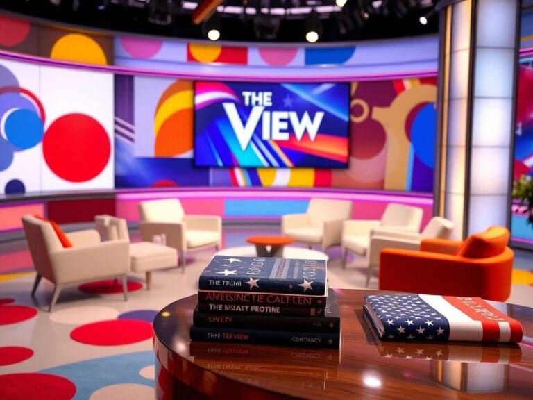 Flick International Vibrant television studio set of 'The View' with colorful patterns and a large logo display