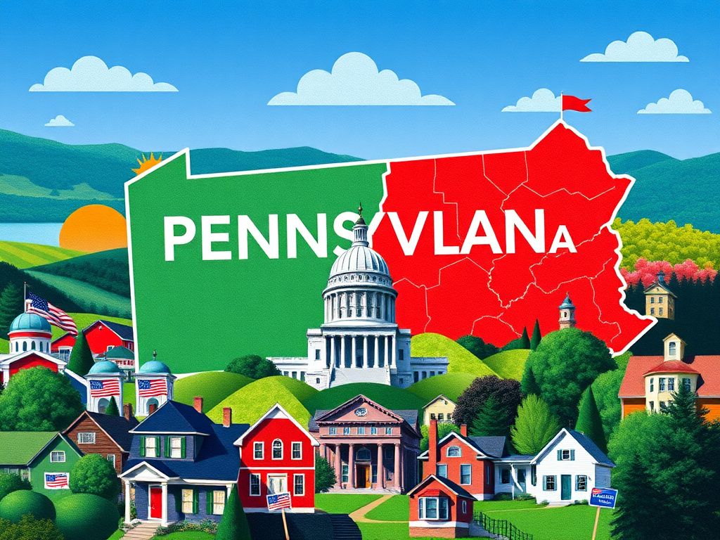 Flick International A vibrant collage depicting a political campaign with Pennsylvania's landscapes and symbols of democracy.