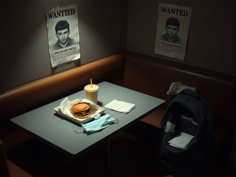 Flick International McDonald's interior with uneaten hamburger and drink, hinting at urgency
