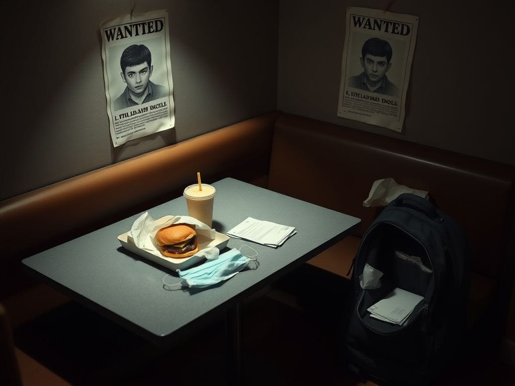Flick International McDonald's interior with uneaten hamburger and drink, hinting at urgency