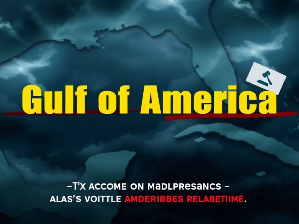 Flick International Dramatic map of the Gulf of Mexico with 'Gulf of America' text representing a legal dispute