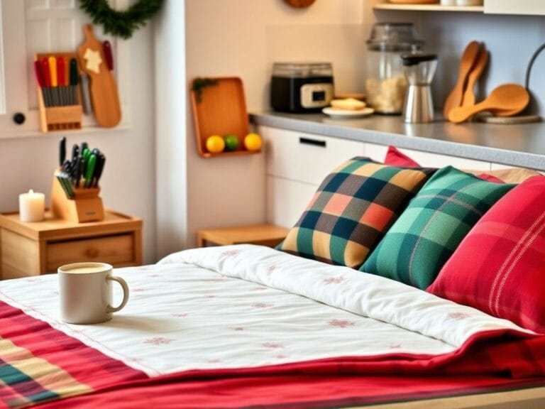 Flick International Cozy holiday-themed bedroom with flannel sheets and kitchen display