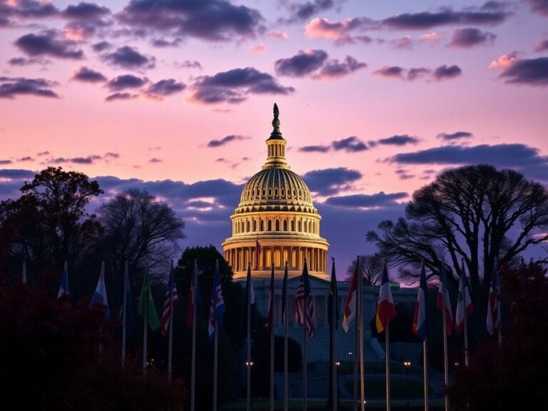 Flick International Serene view of the U.S. Capitol building at dusk with diverse flags representing unity