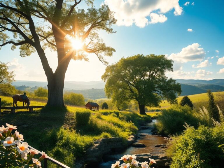 Flick International A serene garden with a sturdy oak tree and gentle stream, symbolizing hope and resilience.