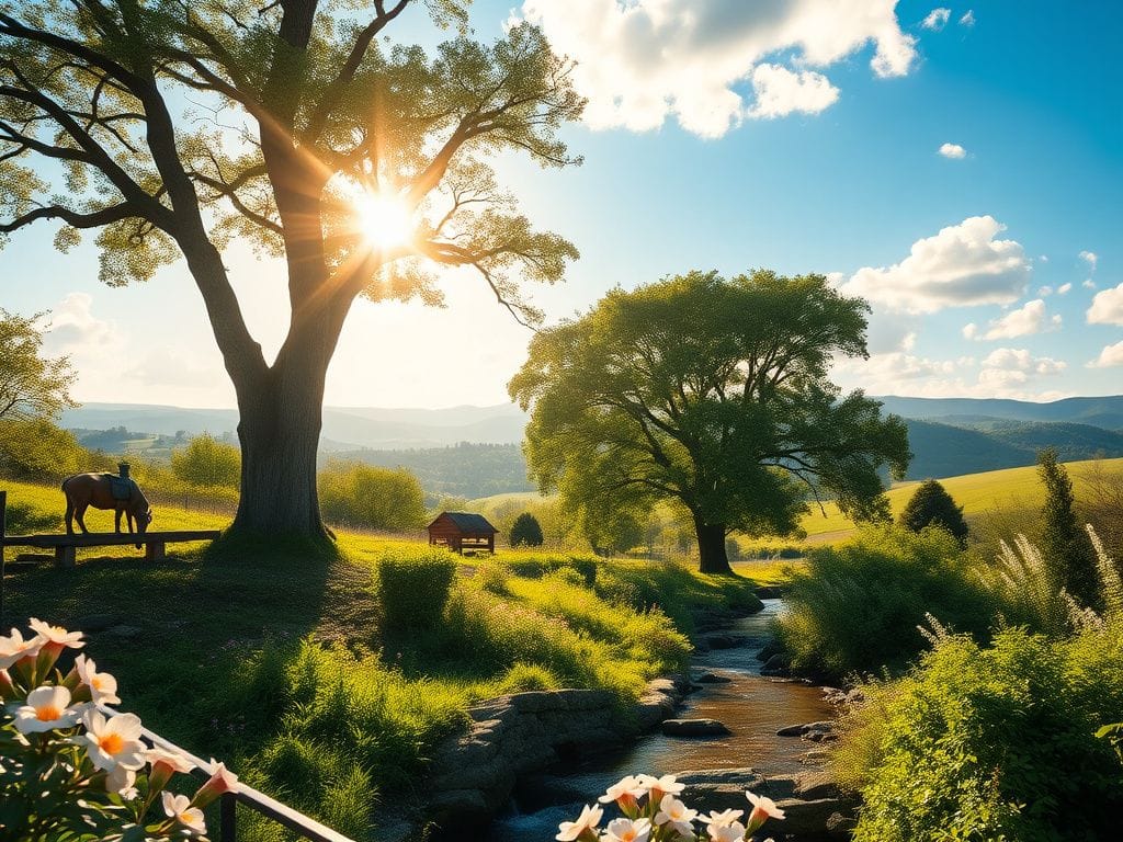 Flick International A serene garden with a sturdy oak tree and gentle stream, symbolizing hope and resilience.