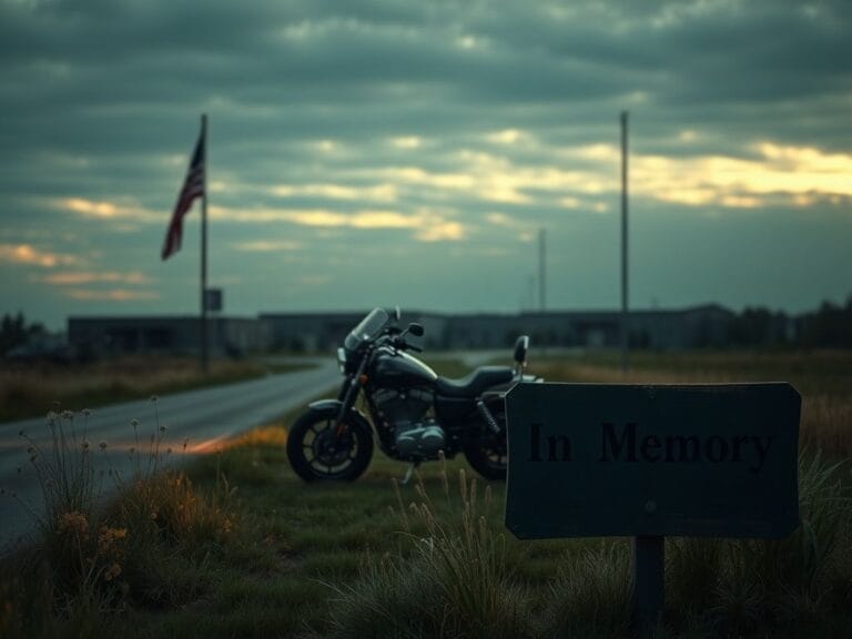 Flick International A solemn motorcycle parked on an empty country road near a military base, symbolizing a fallen servicemember.
