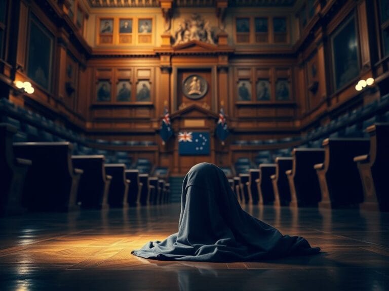 Flick International A crumpled burqa placed on the floor of an empty Australian parliamentary chamber