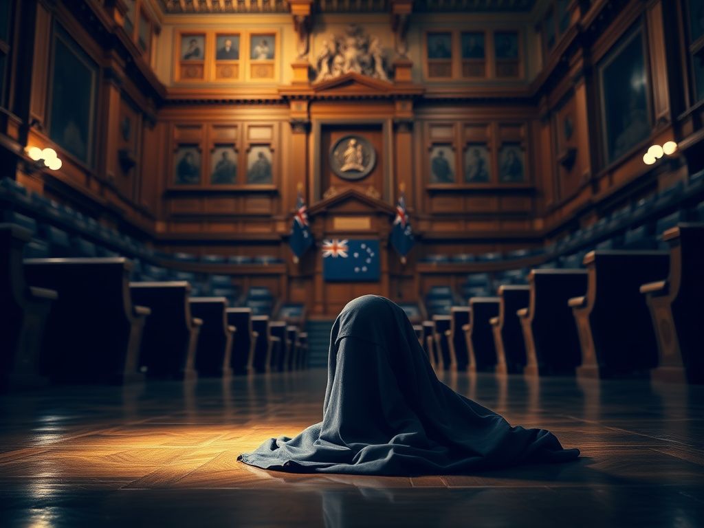 Flick International A crumpled burqa placed on the floor of an empty Australian parliamentary chamber