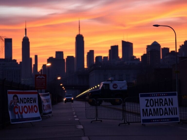 Flick International Dramatic New York City skyline at sunset with election posters for Cuomo and Mamdani