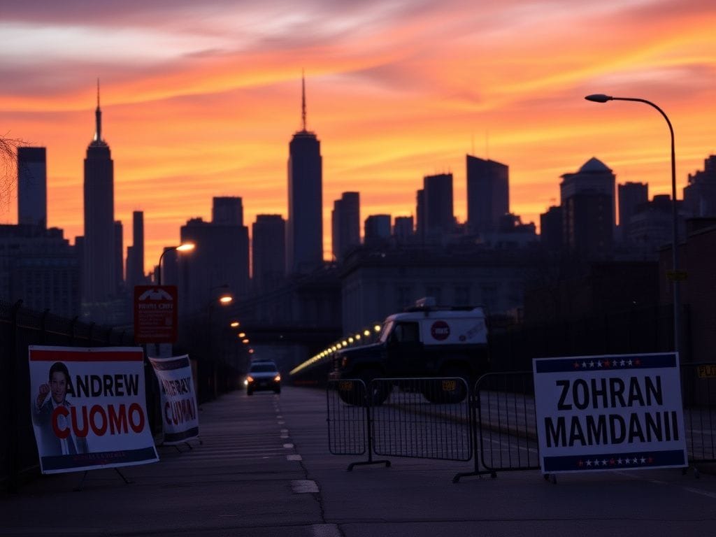 Flick International Dramatic New York City skyline at sunset with election posters for Cuomo and Mamdani