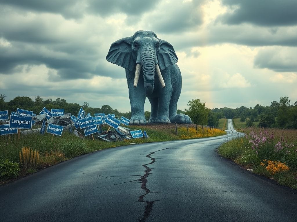 Flick International A symbolic representation of a divided Democratic Party with a large crumbling elephant statue and contrasting paths of stagnation and renewal
