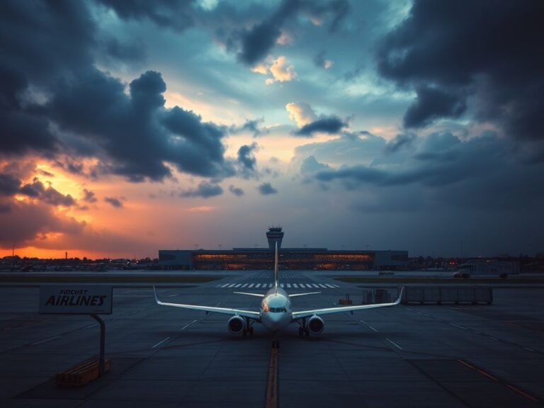 Flick International Dramatic image of an empty airport runway at twilight with storm clouds