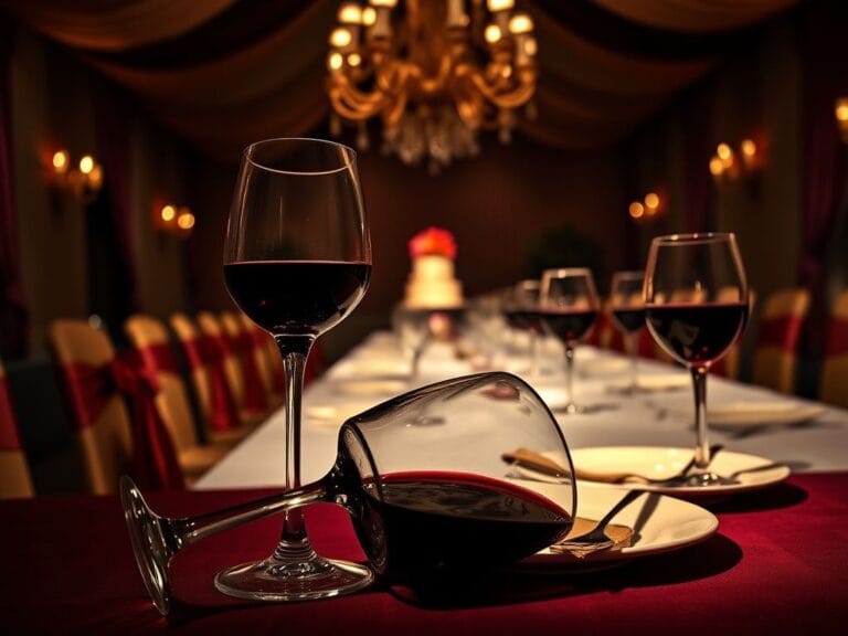Flick International Dimly lit banquet hall at a wedding with empty wine glasses tipped over