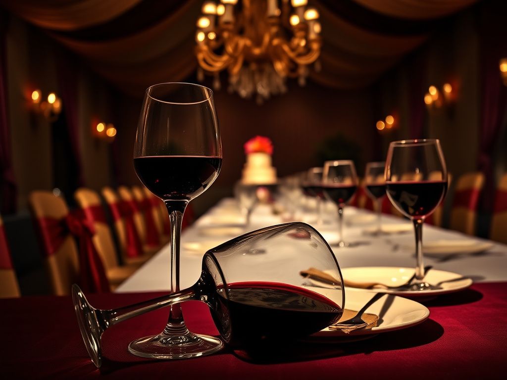 Flick International Dimly lit banquet hall at a wedding with empty wine glasses tipped over