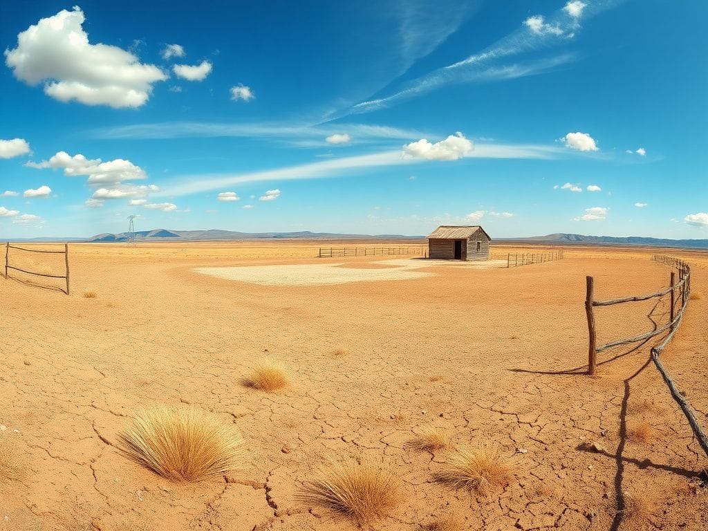 Flick International A panoramic view of a parched cattle ranch in the American West, showcasing dry, cracked earth.