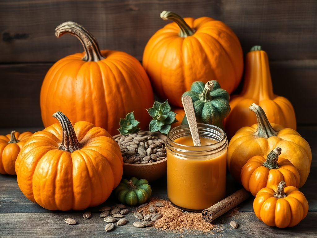 Flick International A still life composition featuring various pumpkins and pumpkin seeds on a rustic wooden background