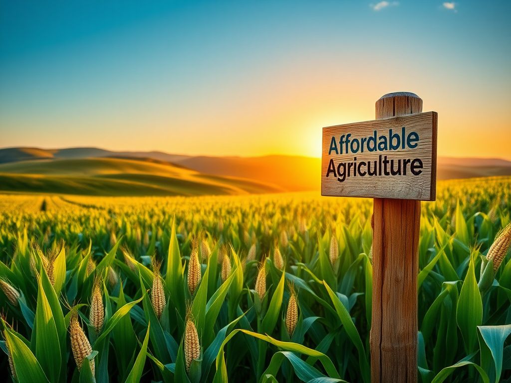 Flick International Serene rural landscape at sunrise with a thriving cornfield and a signpost reading 'Affordable Agriculture'