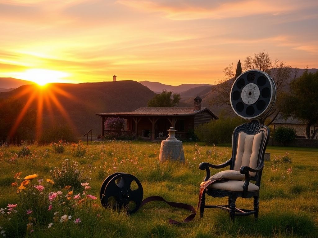 Flick International A serene sunset landscape in Ojai, California featuring a rustic home and wildflowers