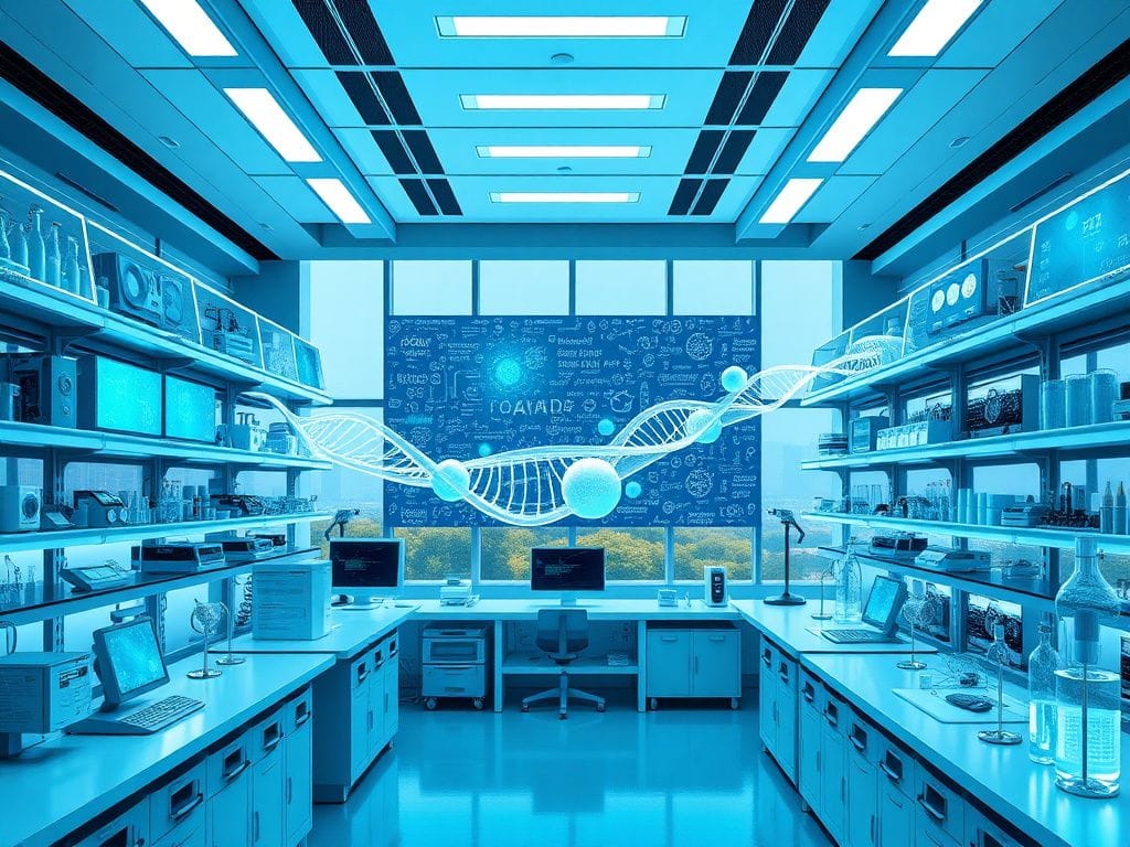 Flick International Futuristic laboratory showcasing advanced scientific equipment and innovative AI technology.