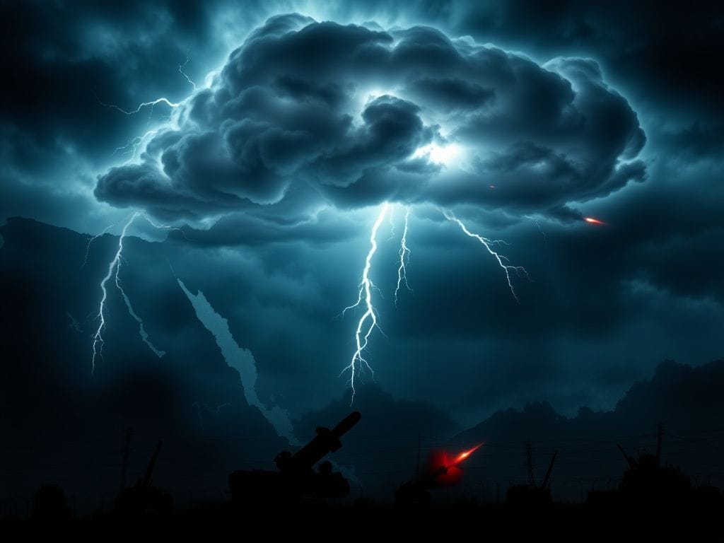 Flick International Abstract depiction of a Middle Eastern landscape with a storm cloud symbolizing unrest