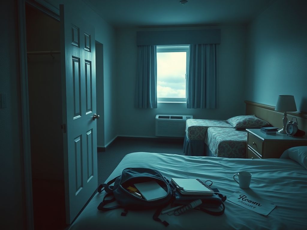 Flick International Dimly lit hotel room showing two beds, one made and one disheveled, with school supplies scattered on the floor.