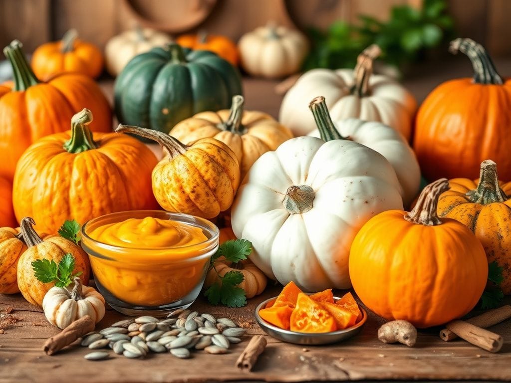 Flick International A vibrant still life scene featuring assorted pumpkins in various shapes, sizes, and colors on a rustic wooden table.