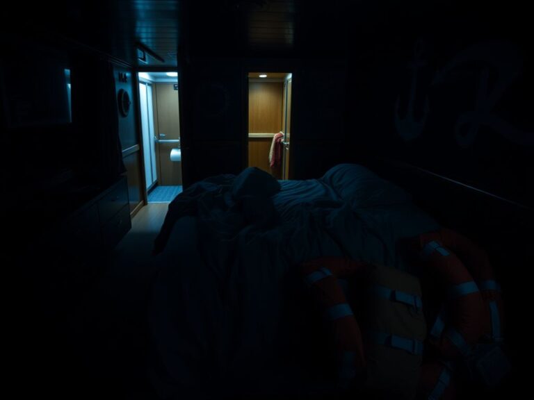 Flick International Dark and shadowy interior of a cruise ship cabin with a neatly made bed and crumpled blankets