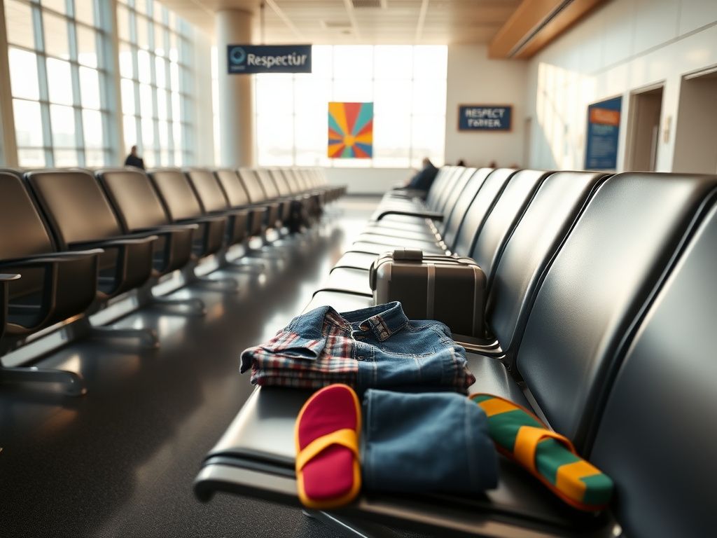 Flick International A serene airport terminal scene featuring empty seats and a juxtaposition of casual and respectful attire.