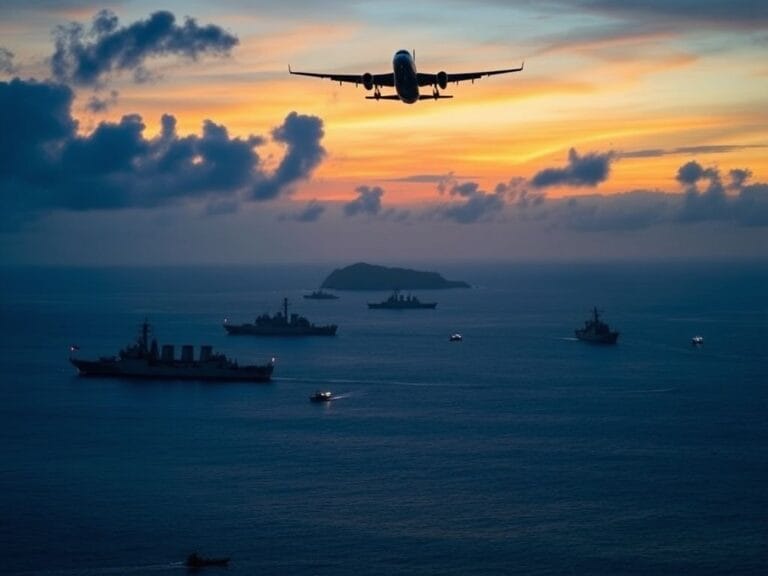 Flick International Aerial view of naval vessels patrolling the Caribbean Sea at dusk during Operation Southern Spear