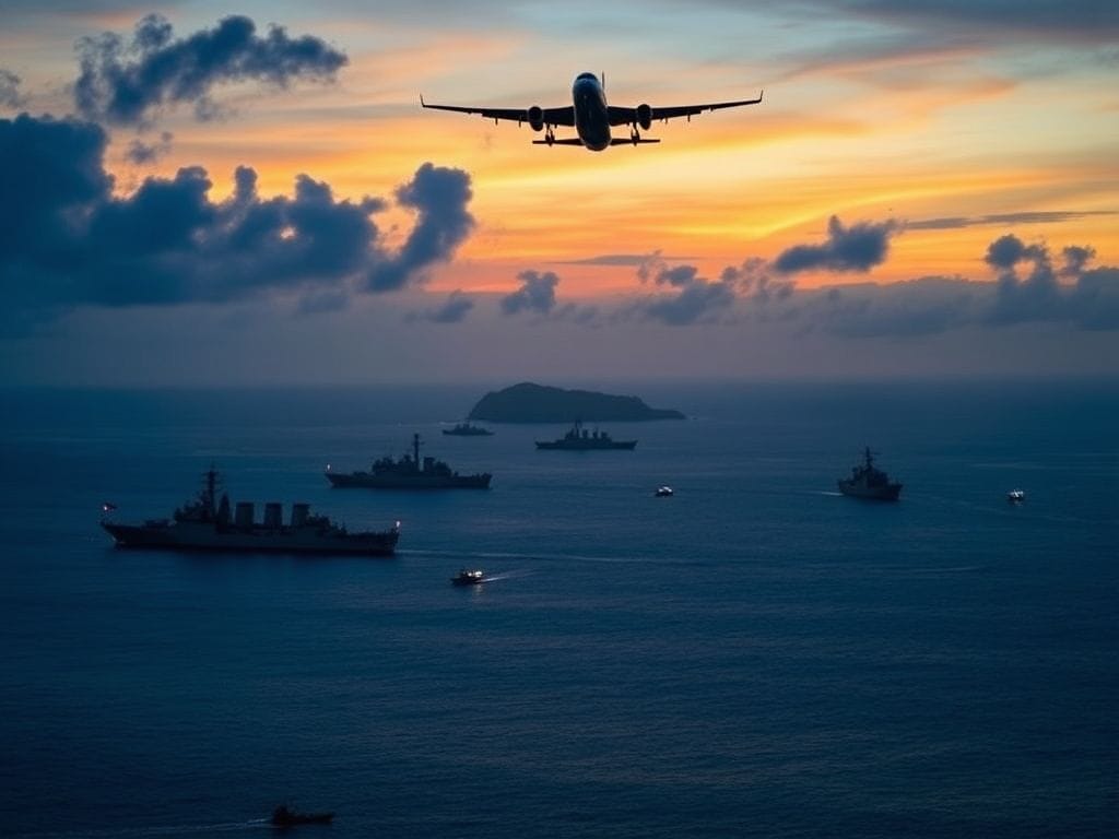Flick International Aerial view of naval vessels patrolling the Caribbean Sea at dusk during Operation Southern Spear