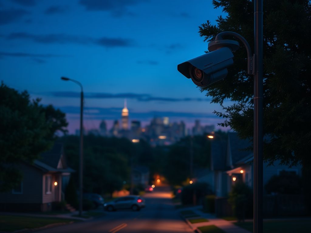Flick International A serene suburban landscape with a security camera mounted on a lamppost, overlooking a quiet street at dusk.