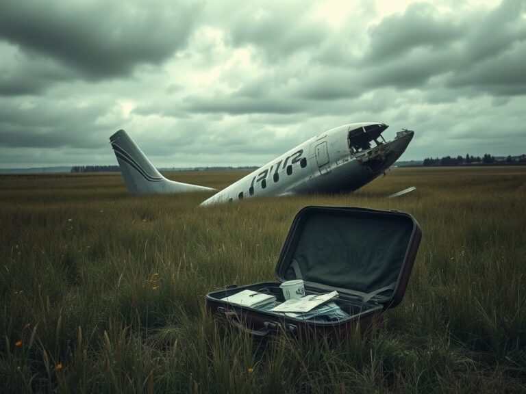 Flick International aftermath of an airplane crash with a twisted fuselage in a field