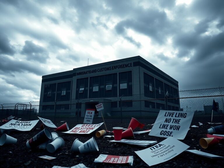 Flick International Dark, imposing ICE building under overcast sky with protest signs in the foreground