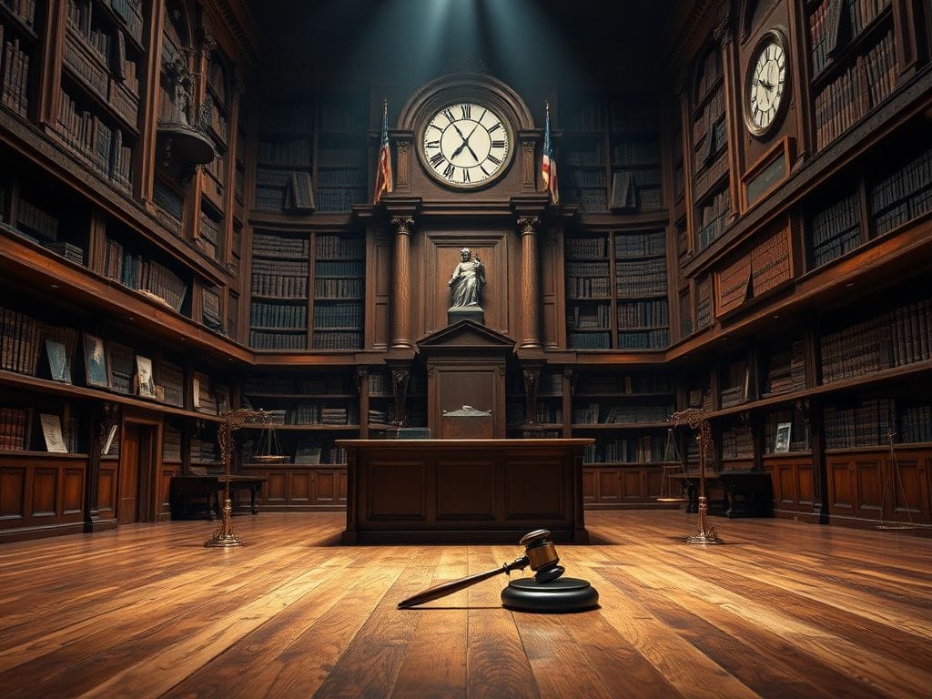 Flick International A weathered courtroom interior with grand architecture and legal texts
