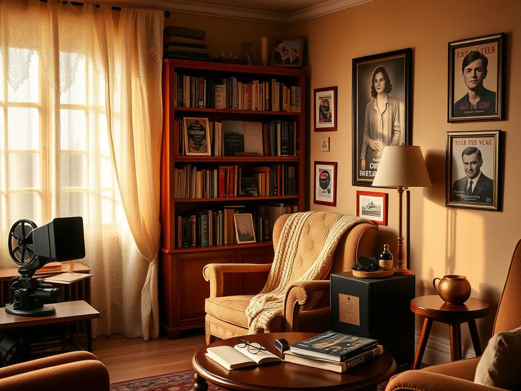 Flick International Cozy living room filled with vintage memorabilia representing theatre and film, highlighting the tension between passion and parental advice.