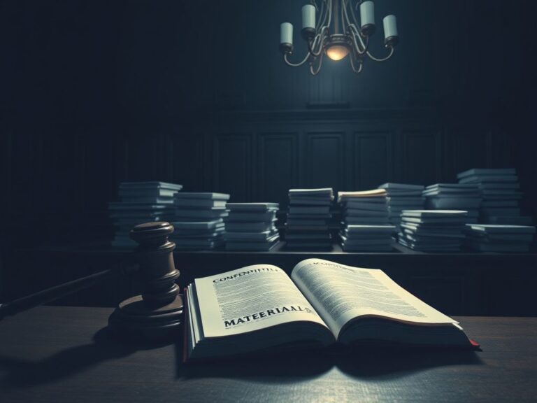 Flick International Dimly lit courtroom scene showing a wooden gavel and confidential documents.