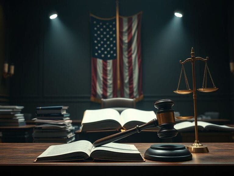 Flick International Dramatic courtroom scene featuring a gavel on a judge's bench surrounded by legal documents and law books
