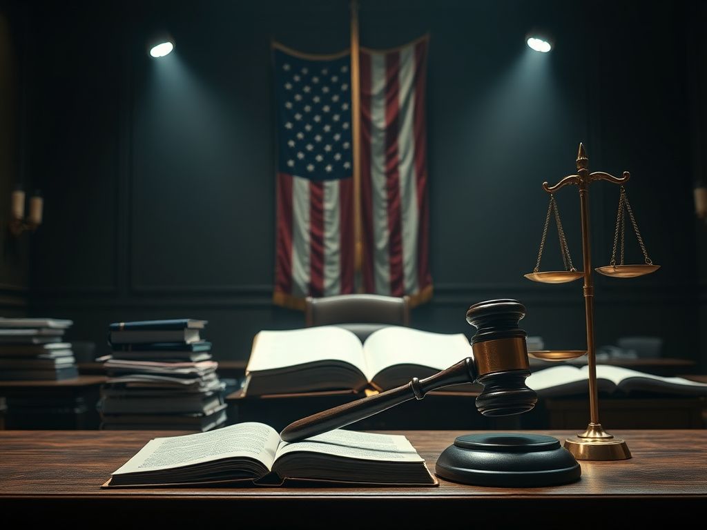 Flick International Dramatic courtroom scene featuring a gavel on a judge's bench surrounded by legal documents and law books