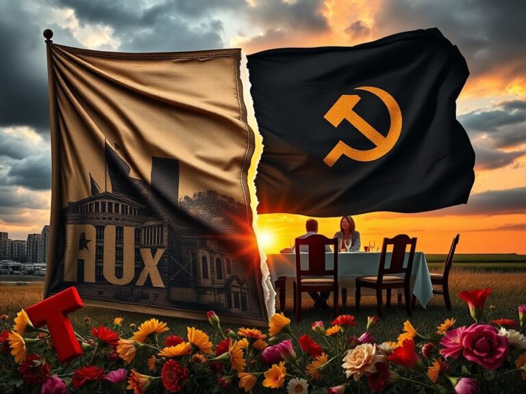 Flick International Large, weathered flag torn between chaotic urban environment and peaceful family gathering