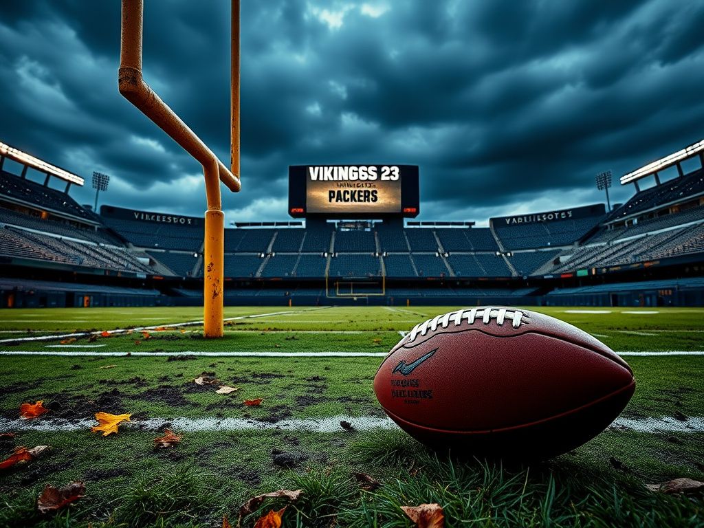 Flick International An empty football stadium with a leaning goalpost and a deflated football symbolizing the Vikings' struggles