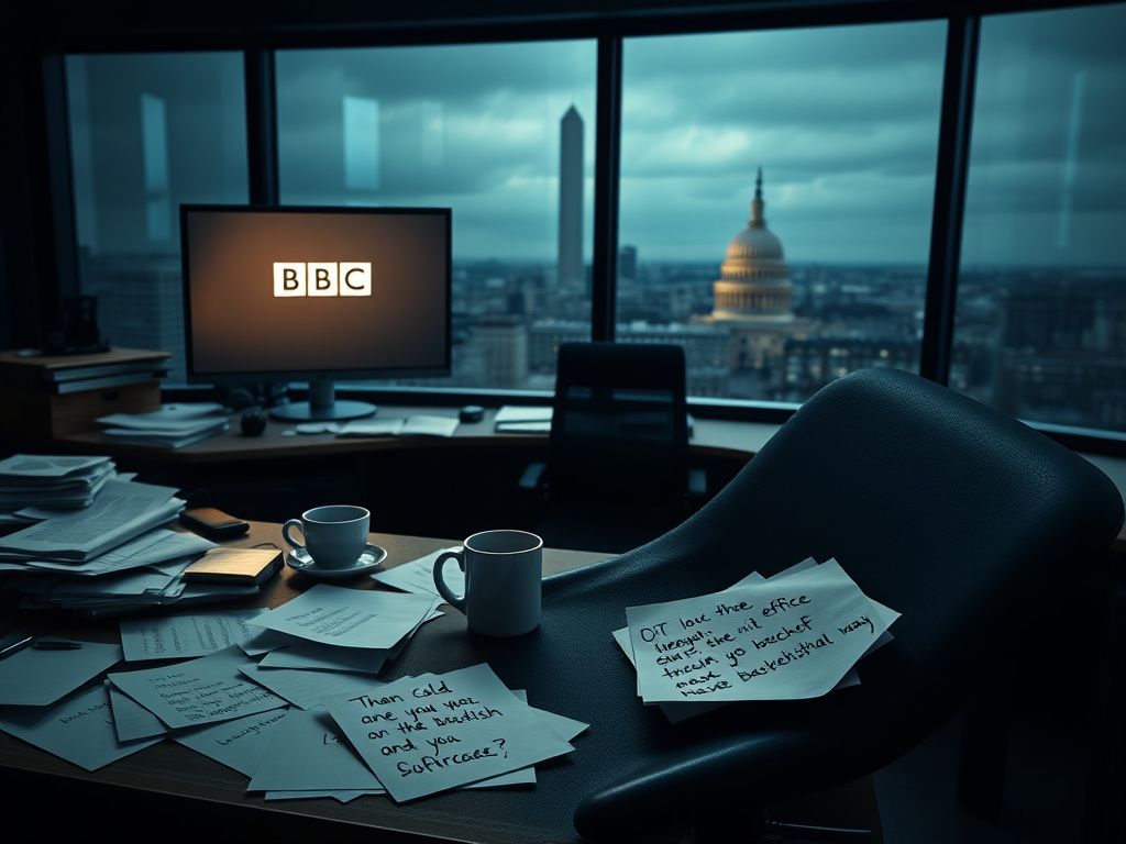 Flick International A dramatic and moody newsroom setting with a cluttered desk and glowing computer screen