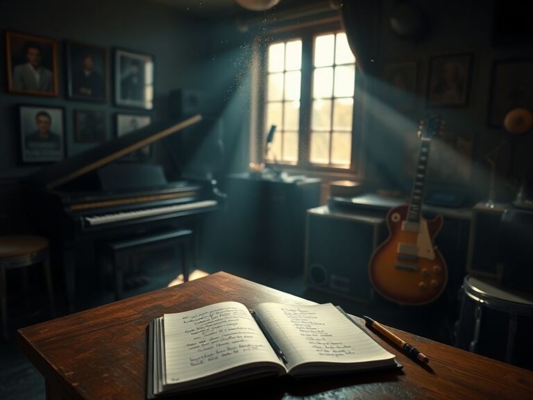 Flick International A dimly lit music studio with vintage instruments, including a grand piano and electric guitar, evoking creativity and inspiration.