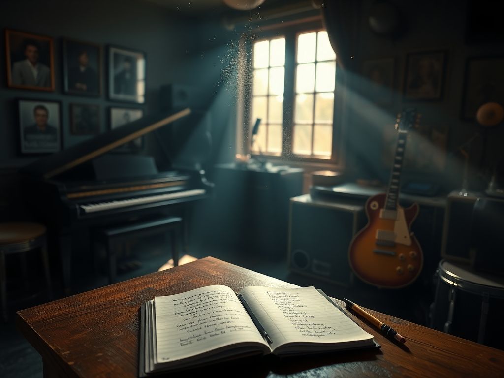 Flick International A dimly lit music studio with vintage instruments, including a grand piano and electric guitar, evoking creativity and inspiration.