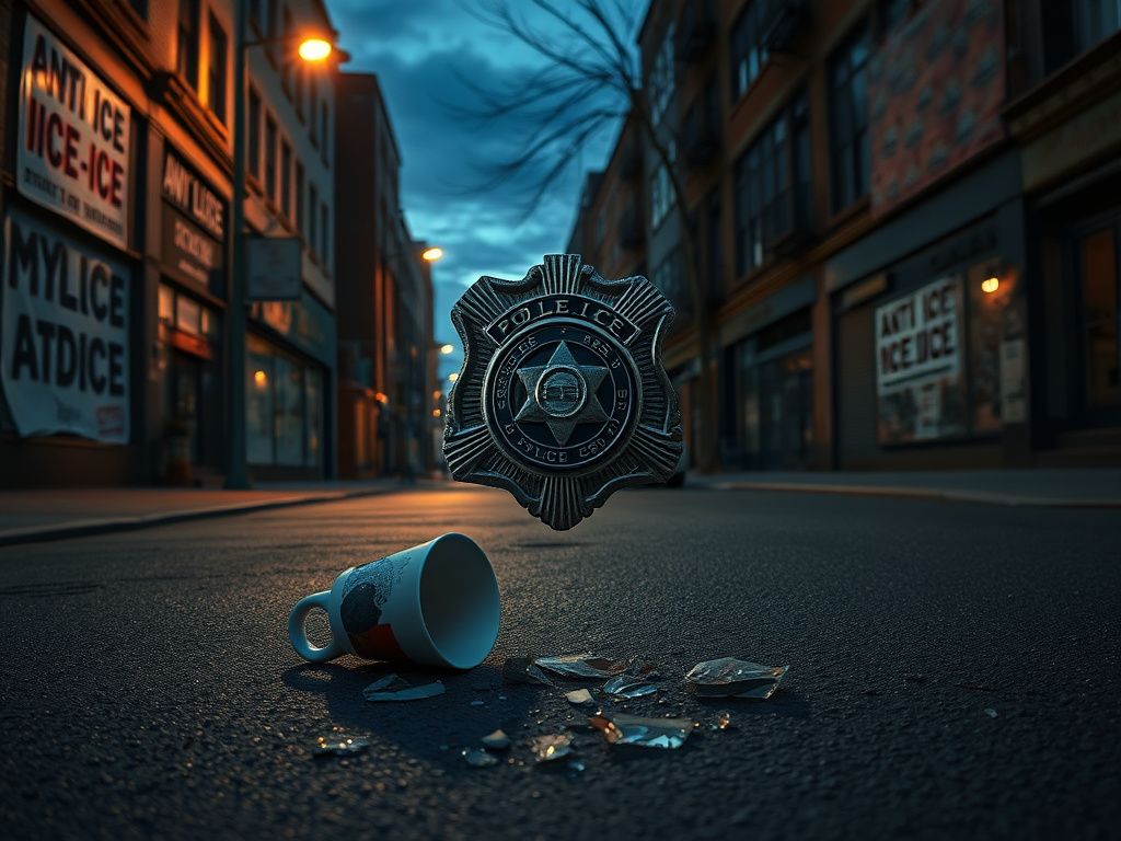 Flick International Dark urban landscape depicting the aftermath of violence against ICE agents