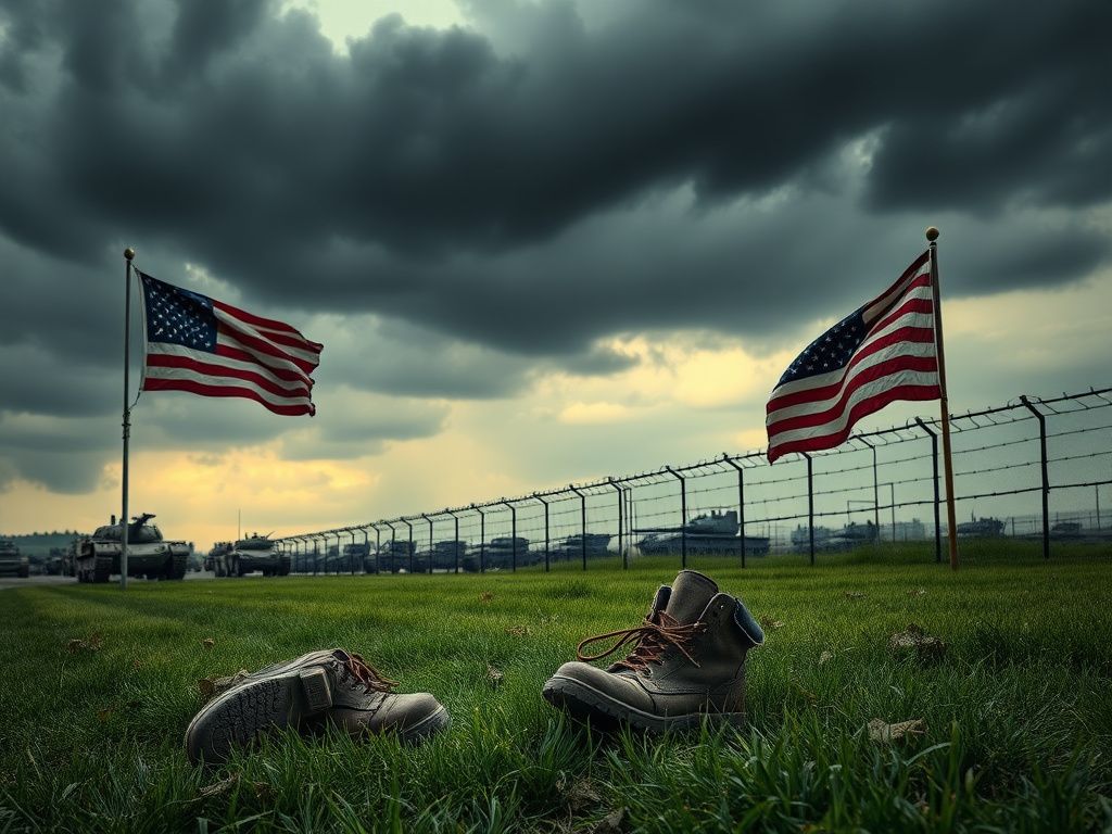 Flick International Stormy sky over a military base with tanks and abandoned boots
