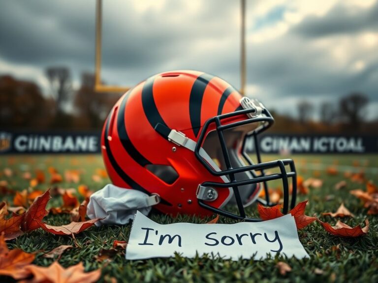 Flick International Close-up of a Cincinnati Bengals football helmet on a blurred field with autumn leaves