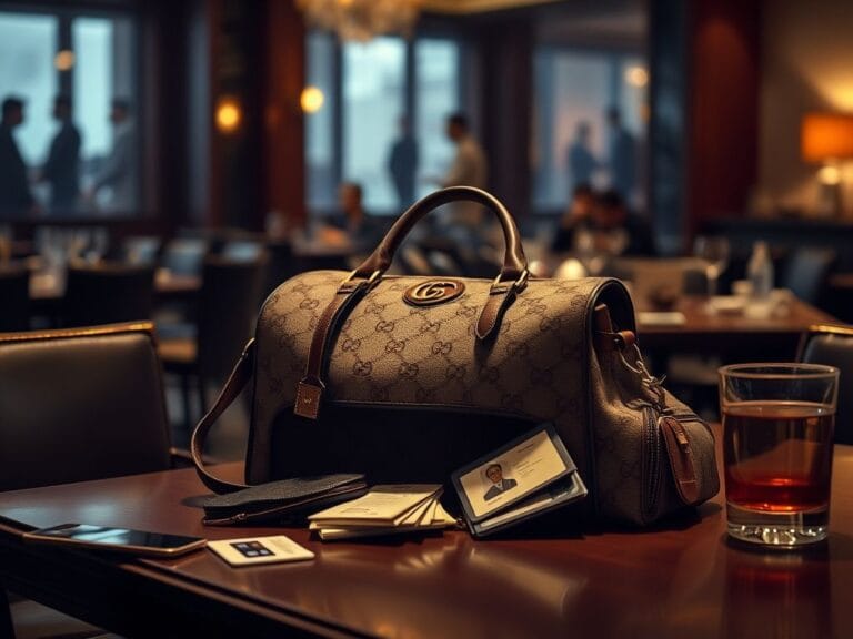 Flick International Luxurious Gucci bag with cash and personal items on a restaurant table