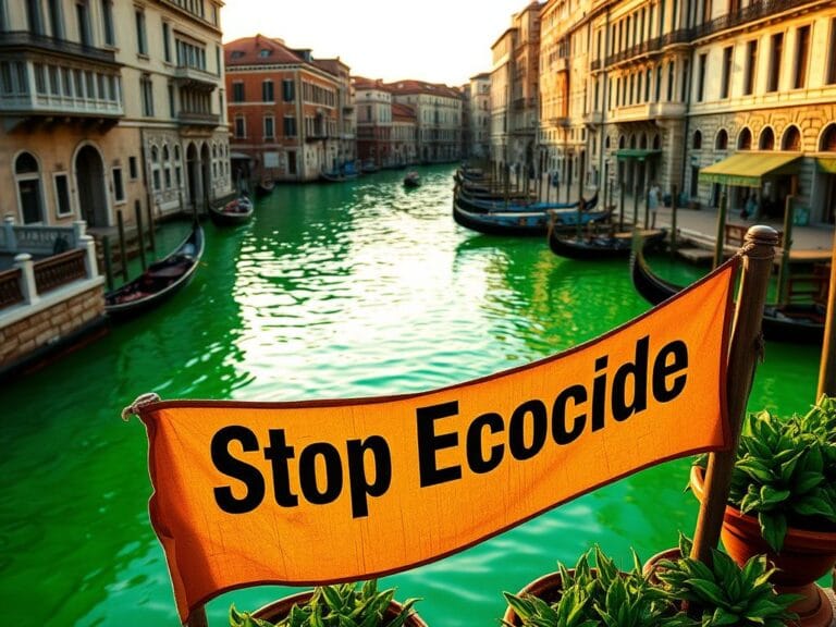 Flick International Bright fluorescent green Grand Canal in Venice with gondolas and ancient buildings