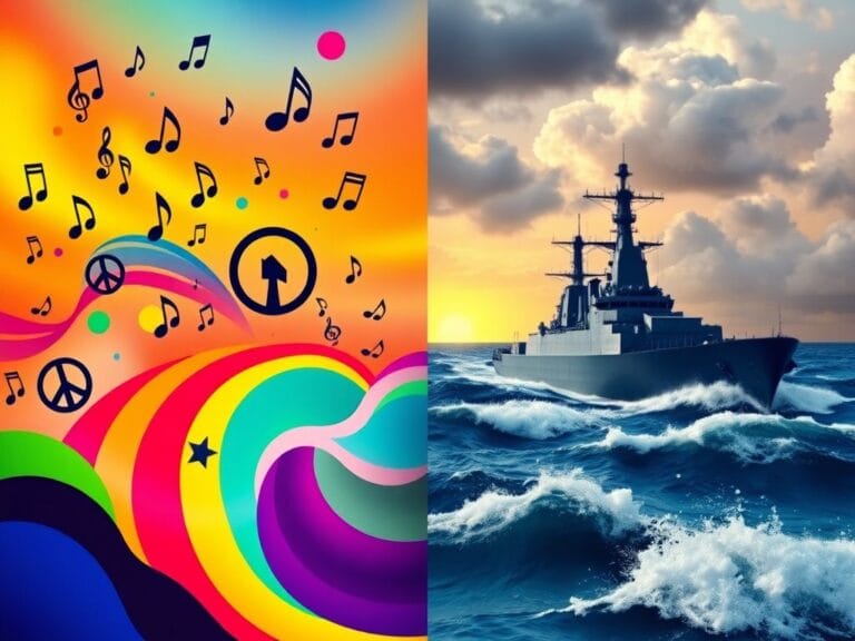 Flick International Nicolás Maduro dancing amidst symbols of peace and U.S. warships in a surreal representation of conflict and harmony